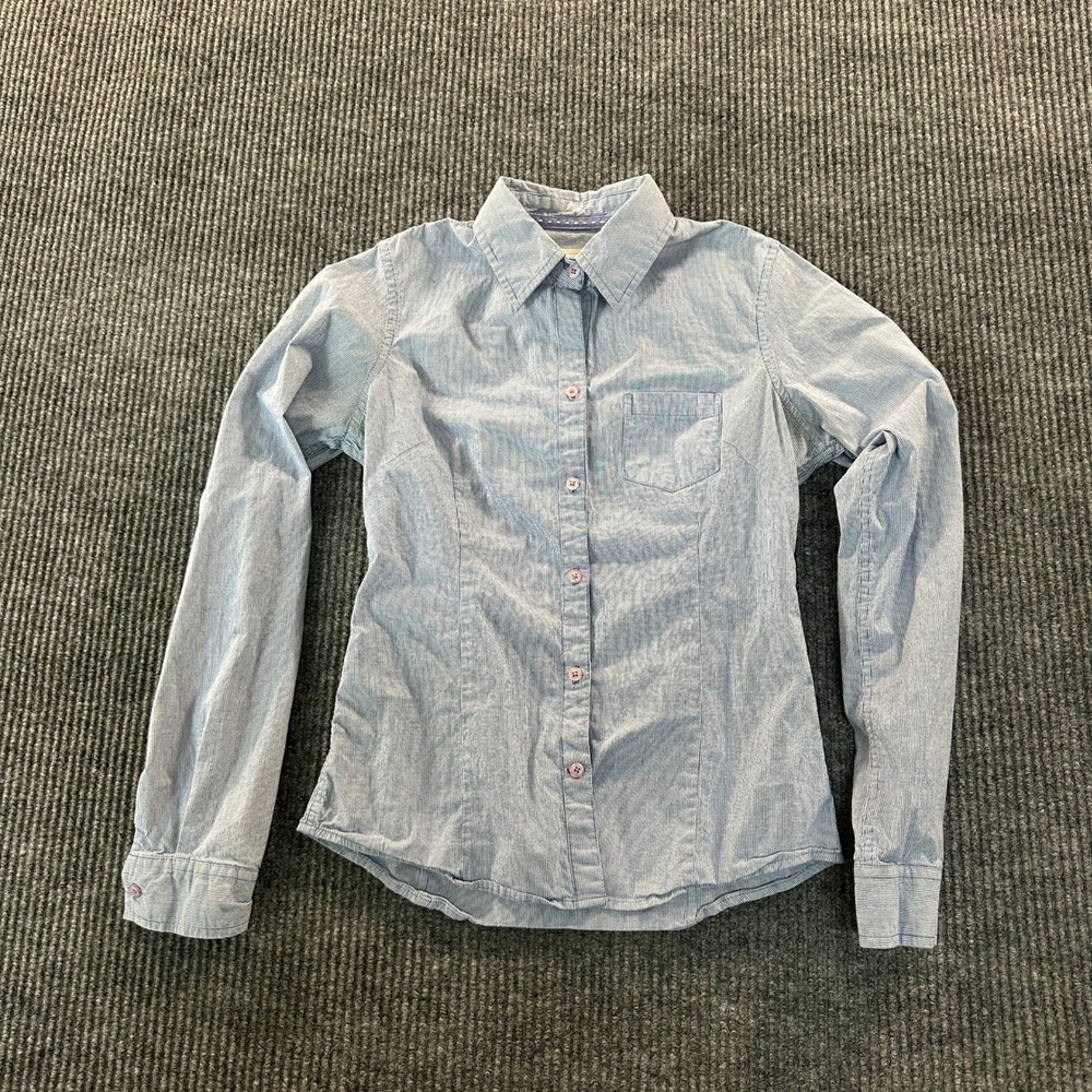 BYK USA Womens Pinstripe Button Down Shirt S Blue White Tailored Cotton